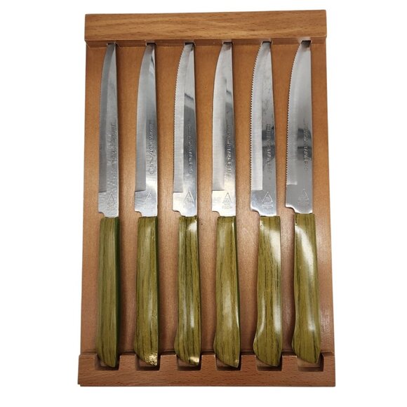 Vtg Household's Steak Knives Green Avocado Handles Wood Block Holder w/ Box MCM - Picture 1 of 9